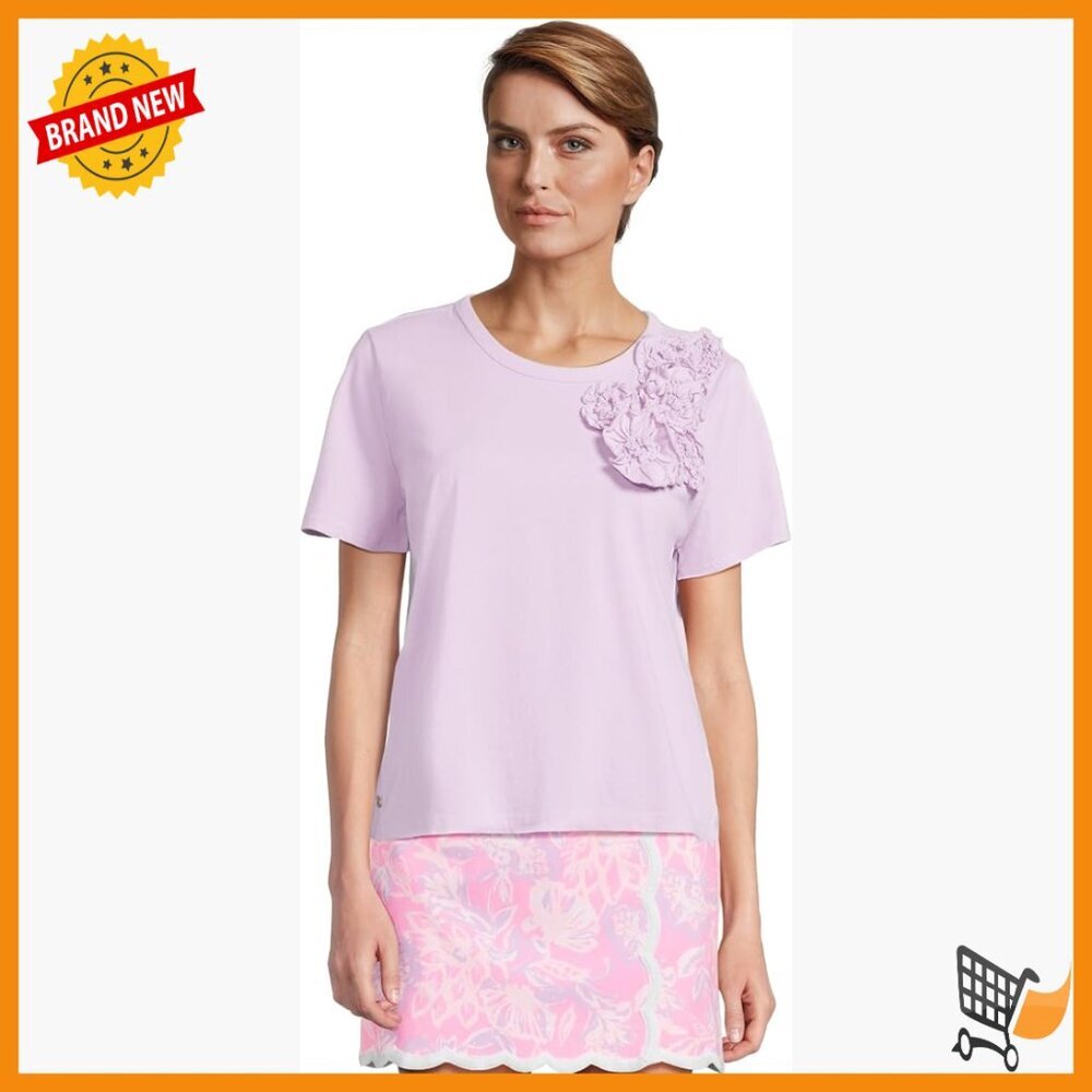 Relaxed Fit Cotton T-Shirt with Floral Embellishment, Short Sleeve Crew Neck